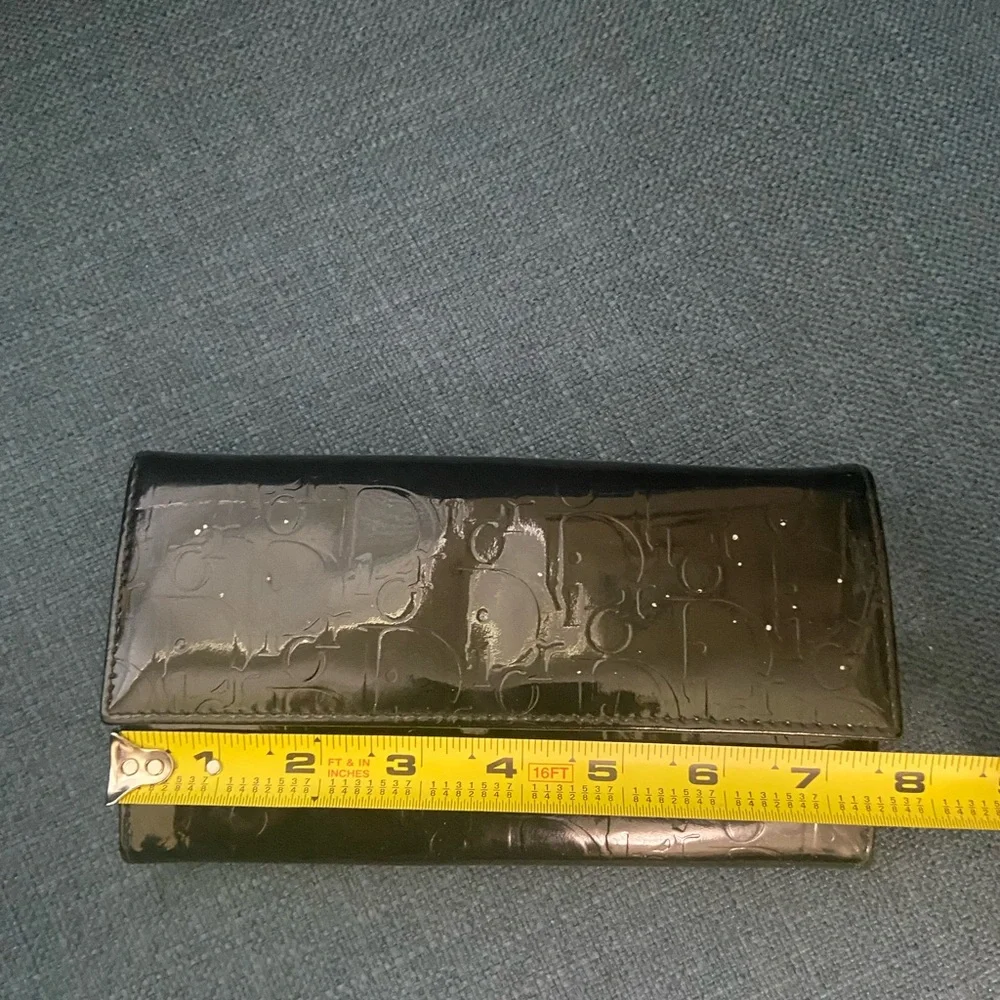 Authentic Dior Black Patent Leather Wallet Clutch with Fold-Over Design Silver